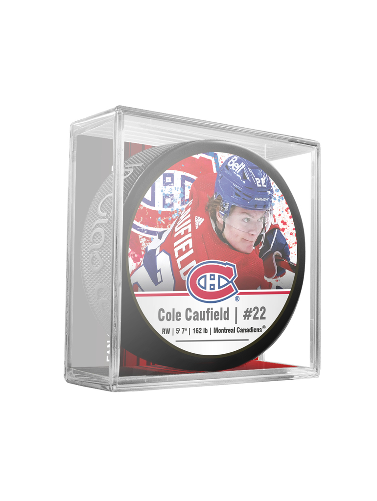 Montreal Canadiens puk souvenir hockey puck in cube Cole Caufield #22