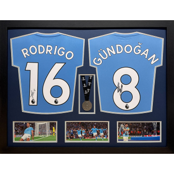 Legendy zarámované dresy Manchester City FC 2021-2022 Rodri & Gundogan Signed Shirts & Medal (Dual Framed)